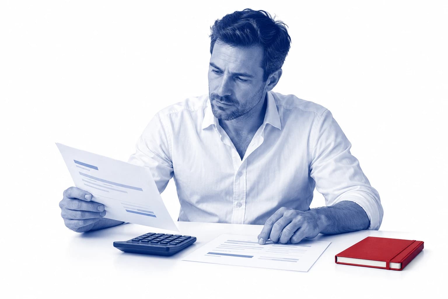A realistic blue-duotone portrait of a man comparing financial scenarios beside a calculator and red notebook.