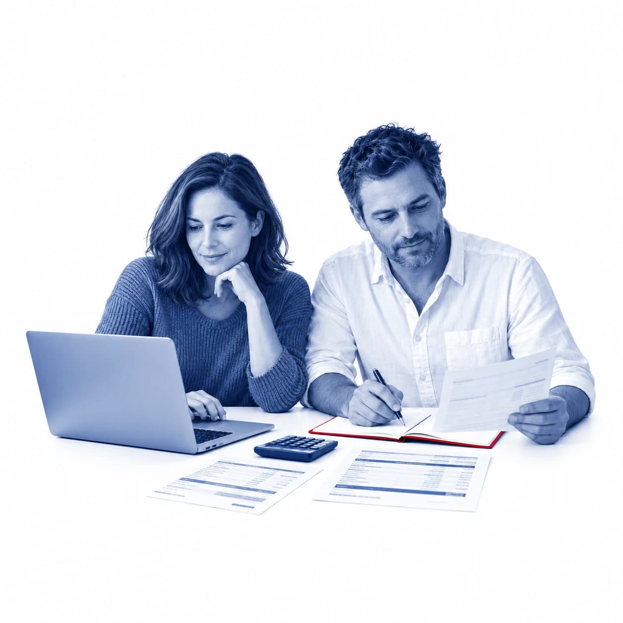 A realistic blue-duotone couple reviews household finances with a laptop, calculator, and red-edged notebook, isolated on white.