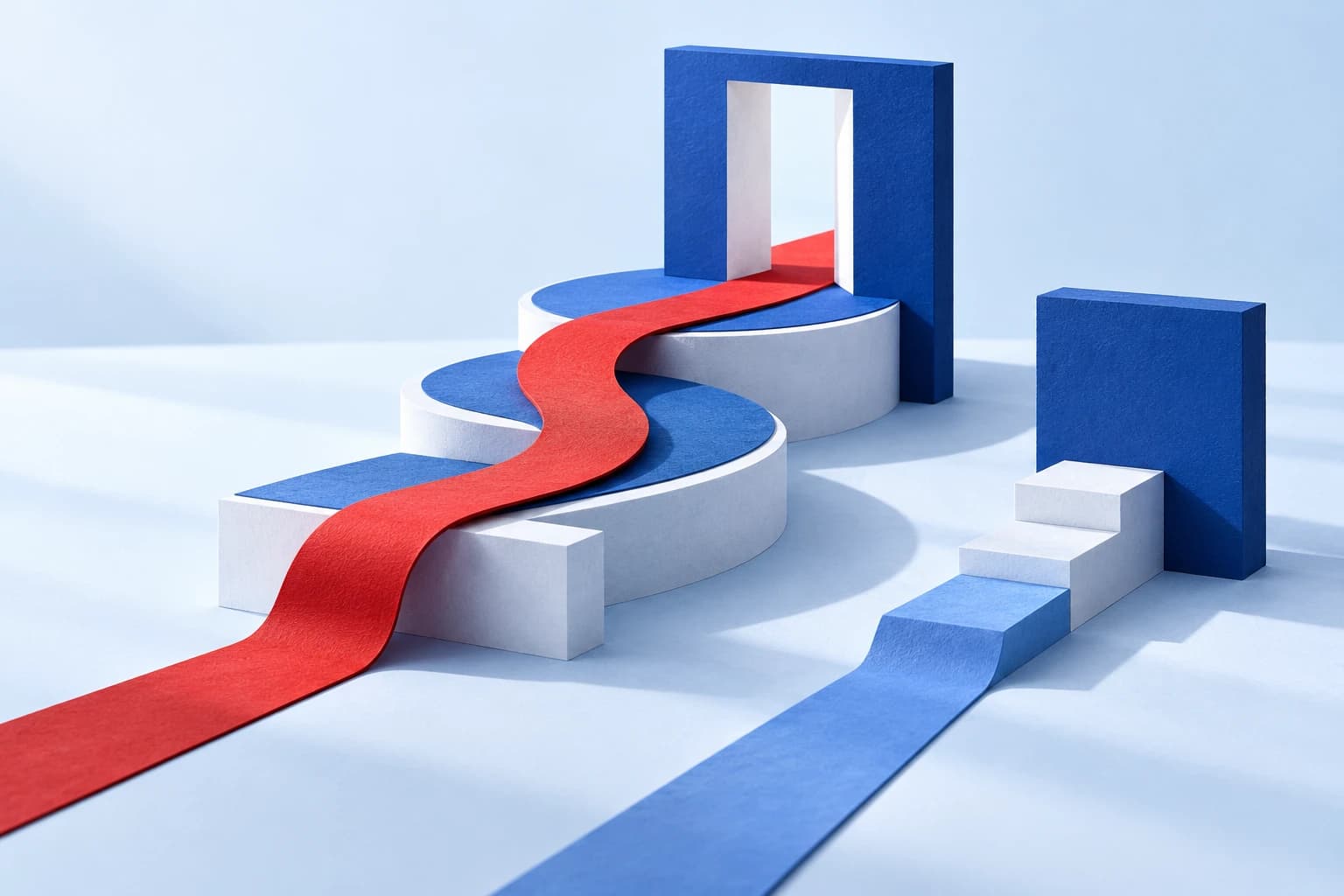 A red route follows a series of blue platforms toward an open doorway, beside a blocked alternative.